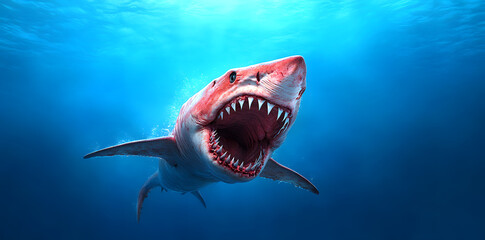 An image of shark with razor-sharp teeth swimming in the depths