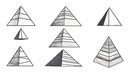 Obraz premium Set of stylized black and white pyramid graphic designs. A collection of nine graphic pyramid designs rendered in a textured black and white style
