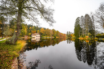 Landscape at the S&auml;gm&uuml;hlweiher pond in Ludwigswinkel. Nature at the lake in autumn. Reservoir at the edge of the forest.
