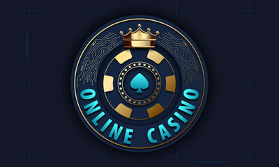 Futuristic gold casino chip with crown and circuit board design. Online casino concept perfect for blockchain games, tech-style branding, and digital gambling UI