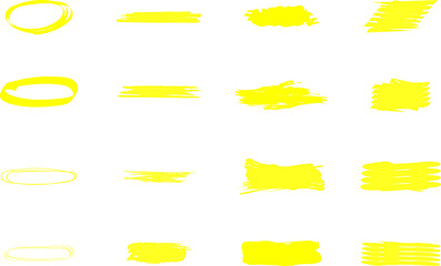 Yellow marker brush lines. Highlighter line yellow marker strokes lines. Yellow watercolor hand drawn highlight set. Grunge freehand watercolor ink pencil marks. Marker pen highlight strokes.