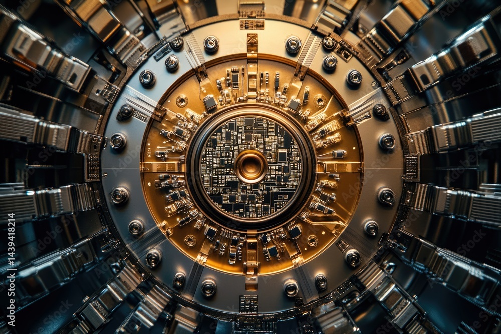 Aufkleber intricate circular machinery with gold and silver components, showcasing complex technological desig