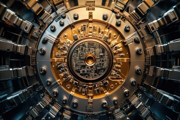 Obraz premium Intricate circular machinery with gold and silver components, showcasing complex technological design.