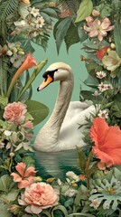 Obraz premium A graceful white swan glides on water, surrounded by vibrant, blooming flowers and lush green foliage.
