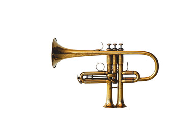 Fototapeta premium A vintage brass trumpet with its bell open, standing upright on Png Format and Transparent Background