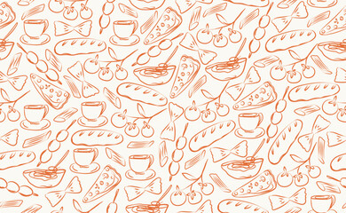 Hand drawn italian food seamless pattern. Chalk crayon sketch dish with pizza, cheese, pasta, spaghetti, tomatoes, olives, italy ingredients for menu in doodle style. Vector illustration.