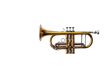 Naklejka premium A vintage brass trumpet with its bell open, standing upright on Png Format and Transparent Background