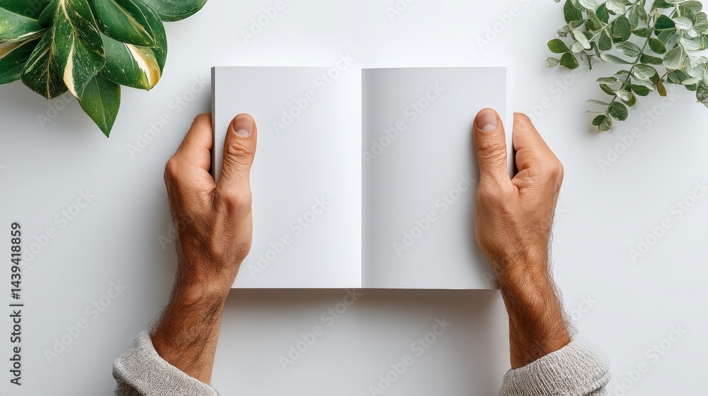 Aufkleber man is holding a book open to a blank page. the book is on a table with a potted plant in the backgr