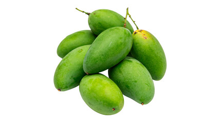 Green mangoes cluster of unripe fruit isolated on transparent background
