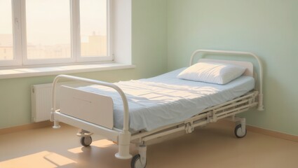 Elderly caring costs estimate concept. Minimalist hospital room with a single bed and natural light streaming through the windows.