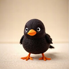 Obraz premium A cute blackbird plush toy, designed in a minimalist style, isolated on a white background.