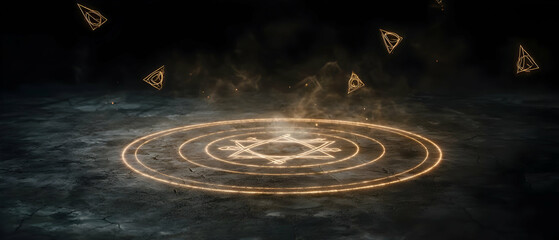 Mystical, golden magic circle on a dark ground
