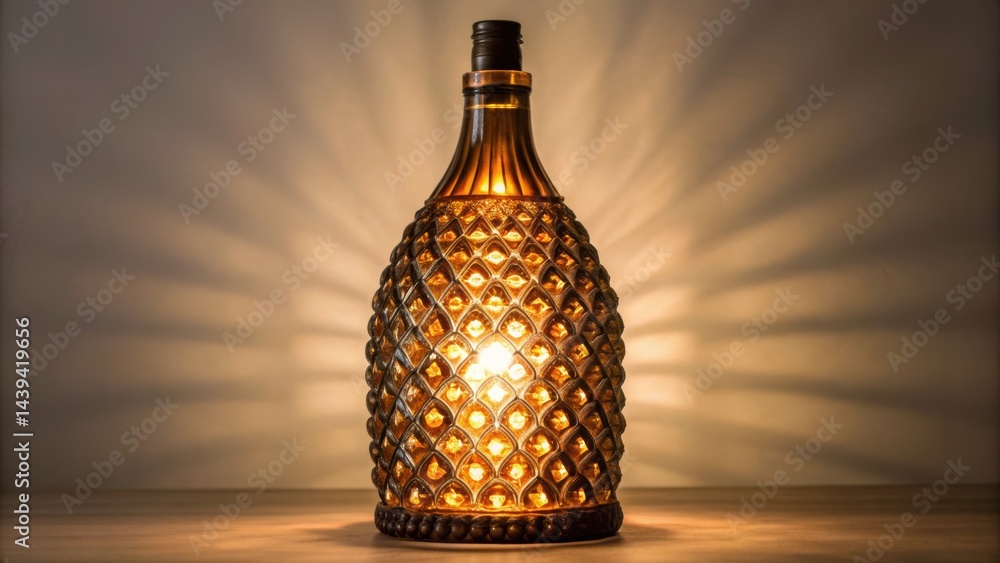 Poster a decorative bottle lamp with intricate patterns, casting soft light and creating an elegant atmosph