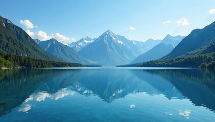 Fototapeta premium Tranquil lake reflecting blue sky, mountains in distance, space, quiet