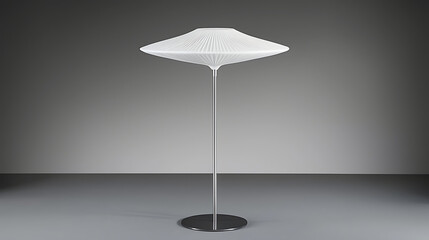 A white lamp with a curved base and a white shade