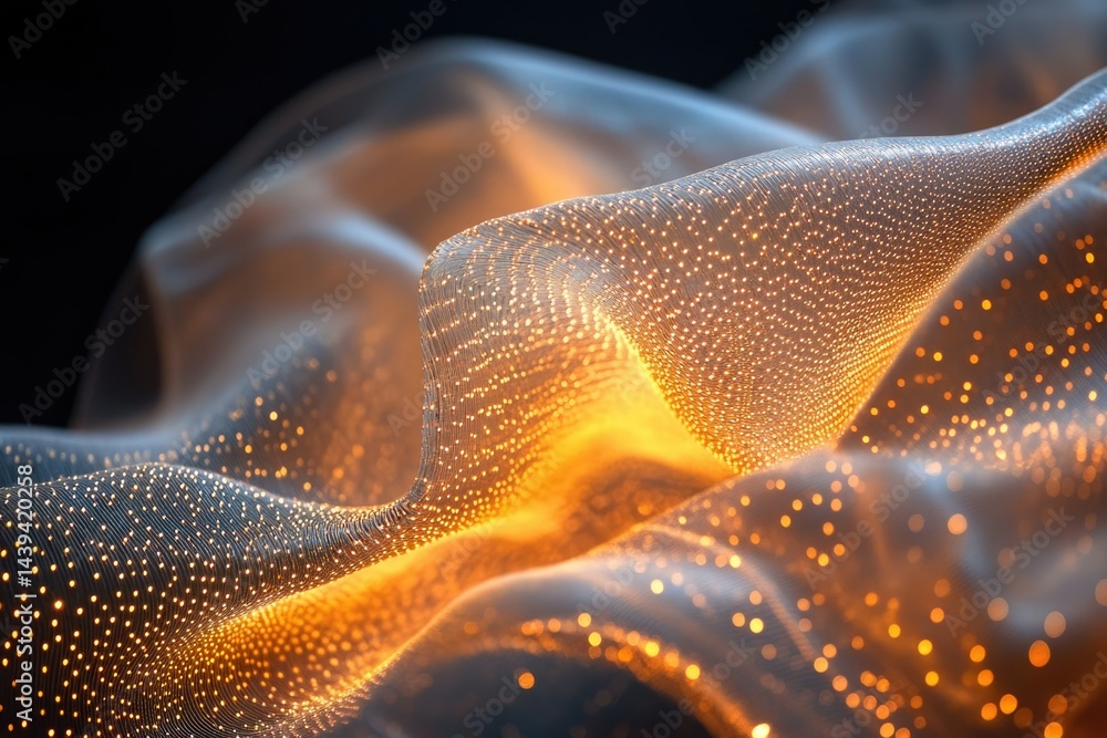 Fototapete Glowing fabric with golden dots creating a wavy, abstract texture.