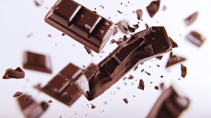 A close up of chocolate bar pieces flying through the air