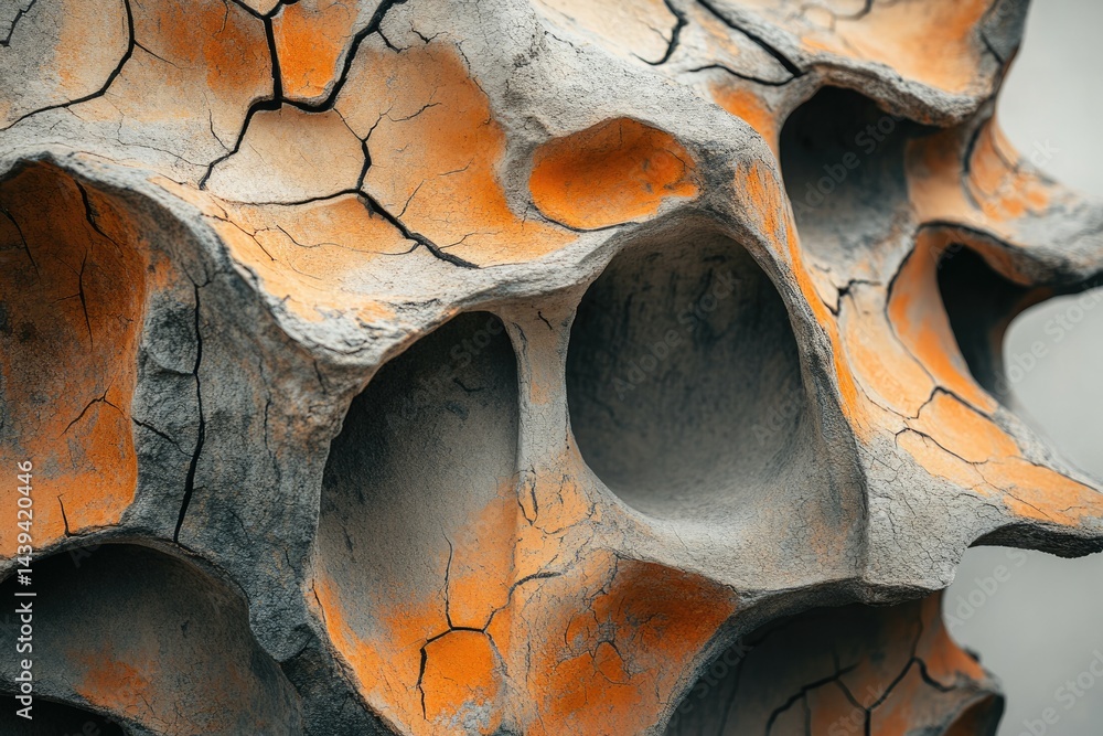 Poster abstract sculpture resembling a weathered skull, featuring grey and orange tones with visible cracks