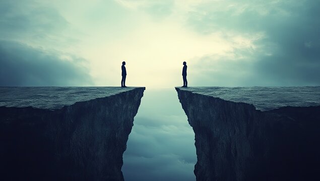 Two figures stand on opposite cliffs