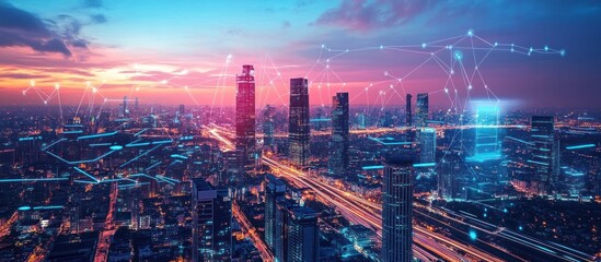 Fototapeta premium Connected City Skyline at Dusk
