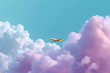 A yellow and white airplane is flying through a pink and purple sky. The sky is filled with fluffy clouds, creating a dreamy and whimsical atmosphere. The airplane is the main focus of the image