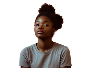 Serene portrait of a young woman with confident expression isolated on transparency