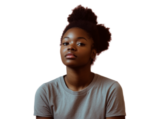 Serene portrait of a young woman with confident expression isolated on transparency