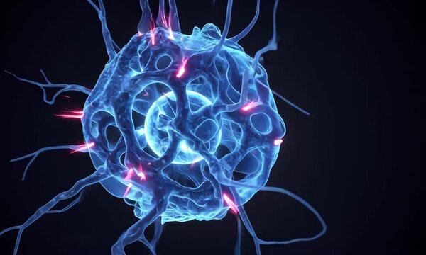 Animated Illustration Of Neural Network With Glowing Blue And Red Lights On Black Background