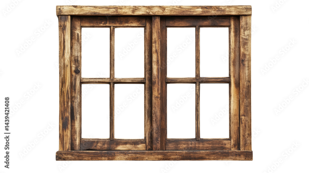 Poster aged timber window frame with a rustic finish creating a visual contrast with the transparent backgr