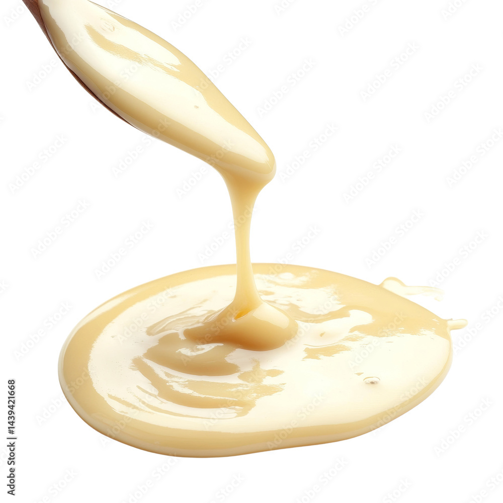 Poster luscious stream of creamy caramel drizzle cascading smoothly from a spoon, against an illuminated pl