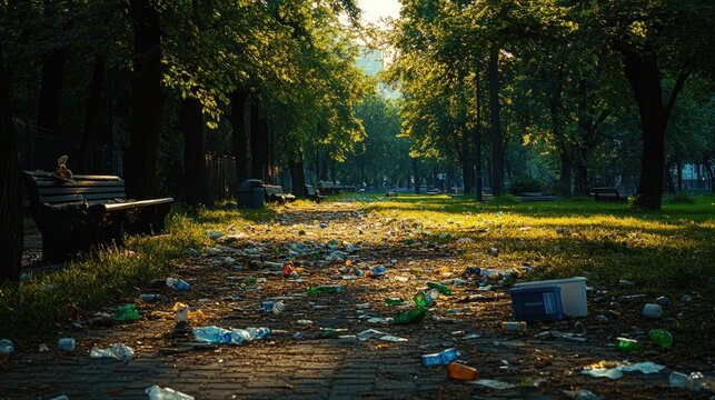 Litter-strewn park path