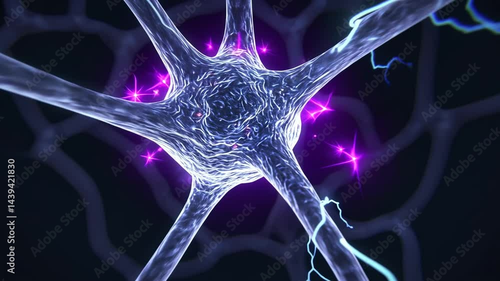 Aufkleber animated neural network depicting neuron cells structure with blue energy signals on dark background