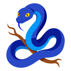 Fototapeta premium Blue viper snake coiled on a branch with bright yellow eyes and forked tongue