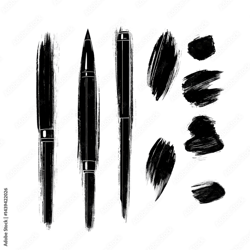 Aufkleber elegant writing instruments and ink blots, crafted with a textured, illustrative style on transparen