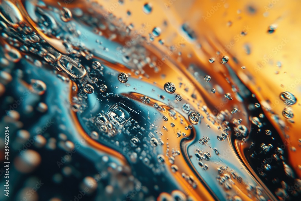 Fototapete Abstract macro photograph of water droplets on a textured surface, creating a mesmerizing blend of teal and orange hues.