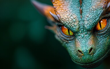 Fototapeta premium Close-up of a young dragon's head. Vivid colors and intense eyes