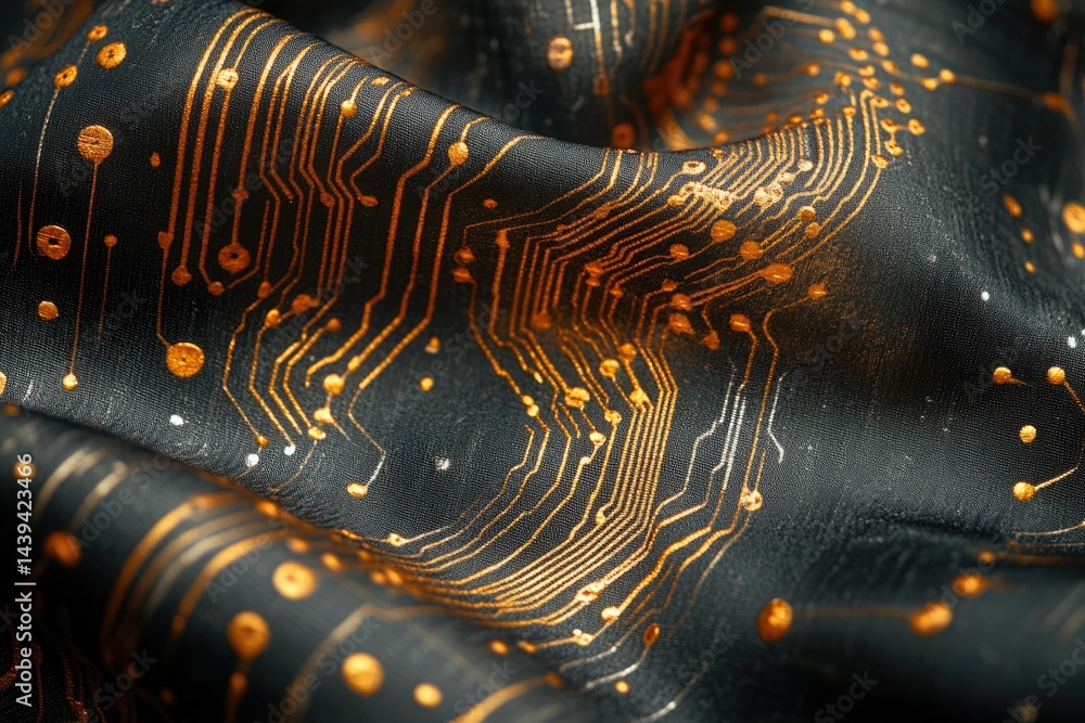 Aufkleber close-up of dark fabric with gold circuit-board pattern, resembling technological textile.
