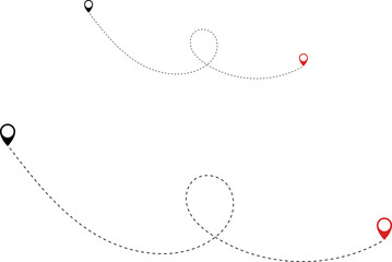 Route icon - two points with dotted path and location pin. Route location icon two pin sign and dotted line. Travel icon. Travel from start point and dotted line tracing.