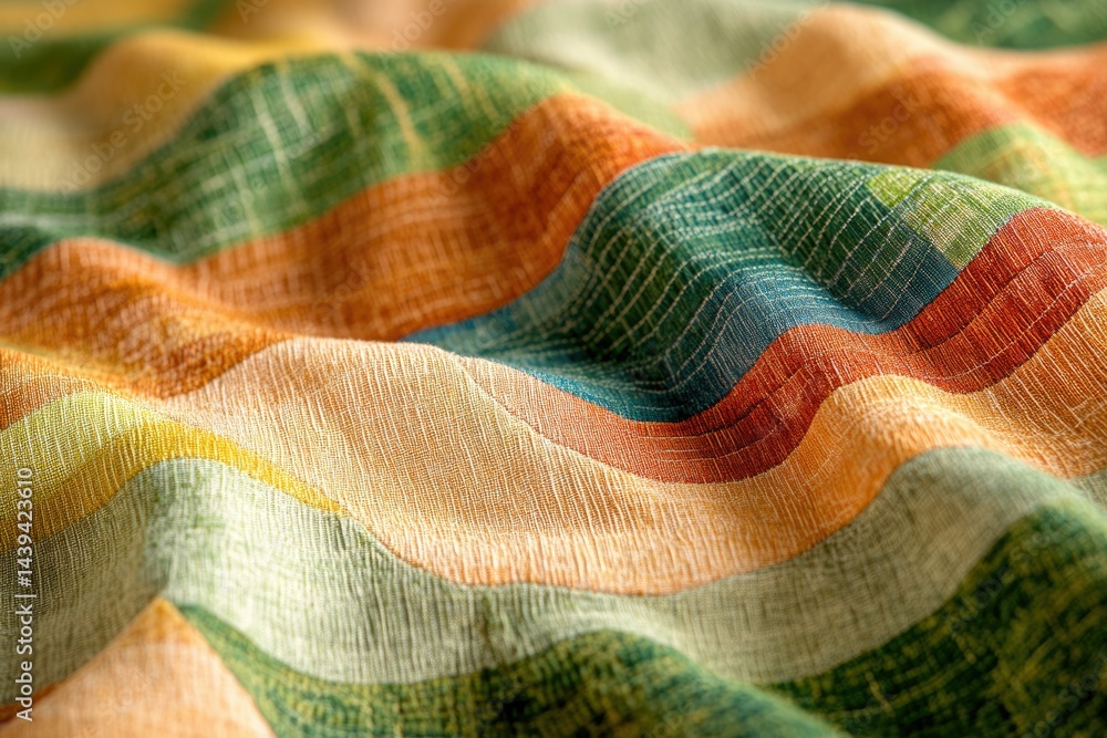 Poster close-up of multicolored striped fabric with a textured weave, showcasing its soft drape and earthy 