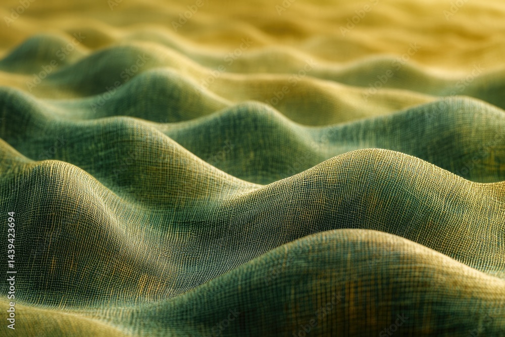 Poster Abstract image of undulating green and gold fabric, creating a textured, wave-like pattern.