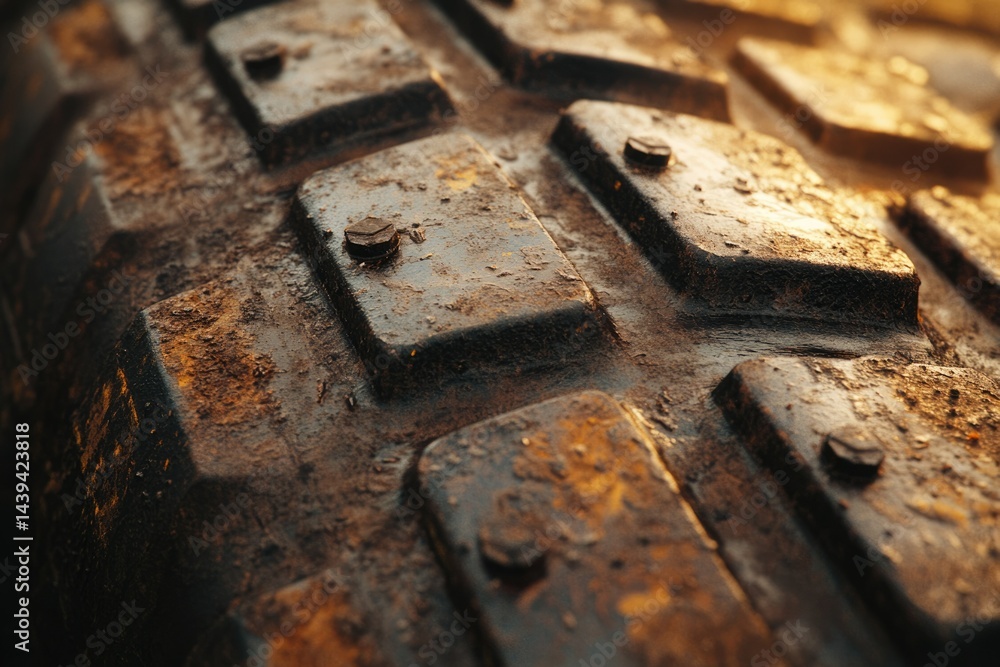 Poster close-up of a heavily used, mud-caked tire tread showing wear and tear with visible bolts.