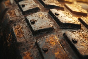 Close-up of a heavily used, mud-caked tire tread showing wear and tear with visible bolts.