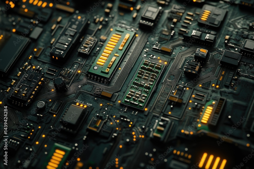 Fototapete Close-up of a complex circuit board with integrated circuits and microchips, showcasing intricate electronic components.
