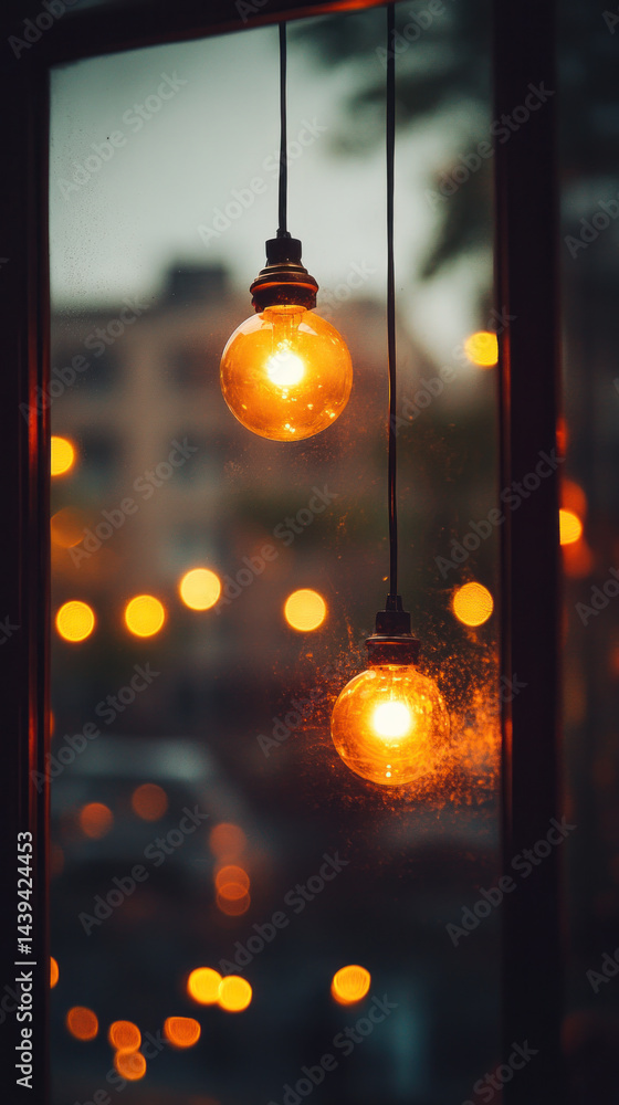 Poster a window with three light bulbs hanging from it. the bulbs are lit up and the light is shining throu