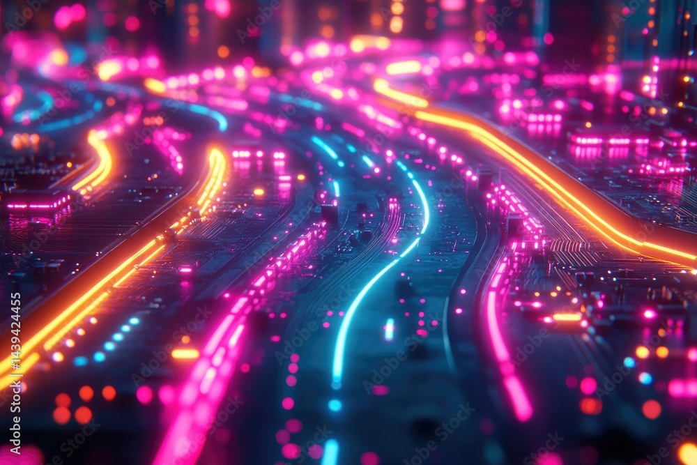 Poster Abstract digital cityscape with glowing neon roads and circuits, representing futuristic technology and data flow.