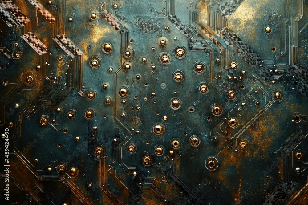 Poster close-up of a weathered circuit board, showcasing intricate copper pathways and golden solder points