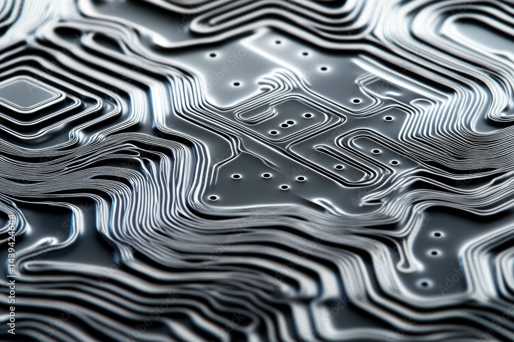 Aufkleber Abstract close-up of a metallic circuit board with intricate, wavy lines and patterns.