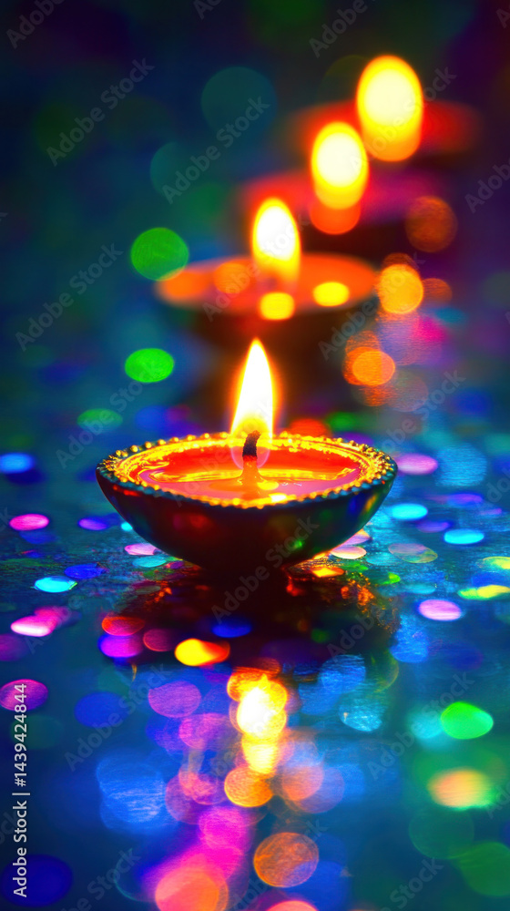 Aufkleber a row of candles are lit in a blue background. the candles are lit in a row and are of different col