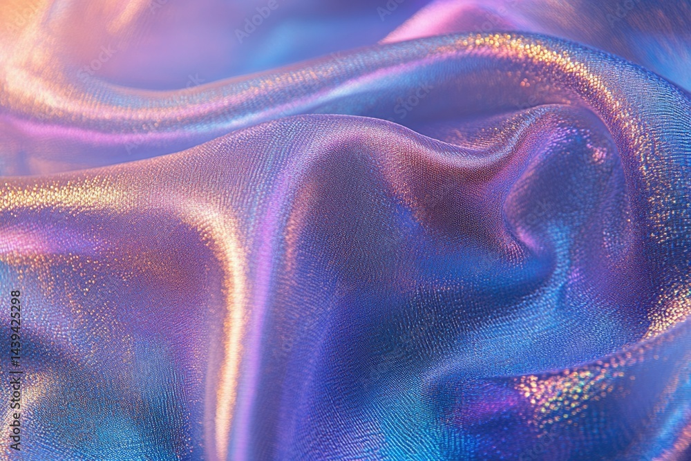 Poster iridescent fabric with a soft, flowing drape, showcasing shimmering pastel hues.