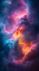 An epic celestial scene shows vibrant nebula clouds swirling with deep purples blues orange and pink hues